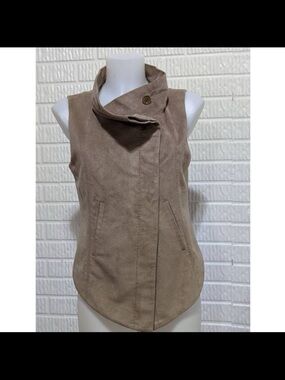 BCBGMaxAzria Taupe Suede Sleeveless Button Collar Vest